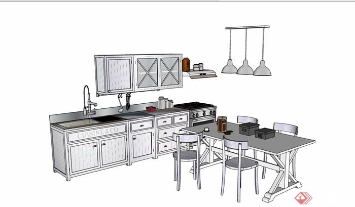 某详细的橱柜、餐桌椅家具组合su模型