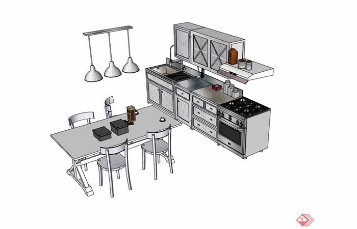 某详细的橱柜、餐桌椅家具组合su模型