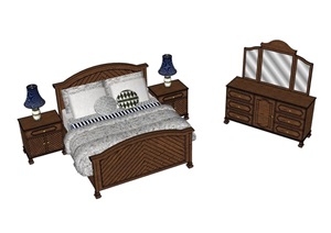 详细的卧室床柜家具组合SU(草图大师)模型