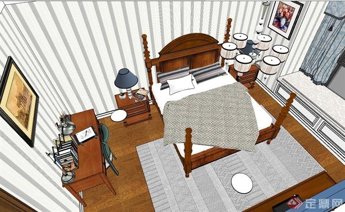 欧式风格详细的卧室床柜灯饰家具组合su模型