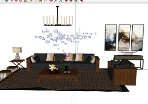 某整体详细的室内客厅沙发茶几组合SU(草图大师)模型