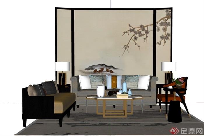 某现代风格整体完整的独特客厅沙发茶几组合su模型