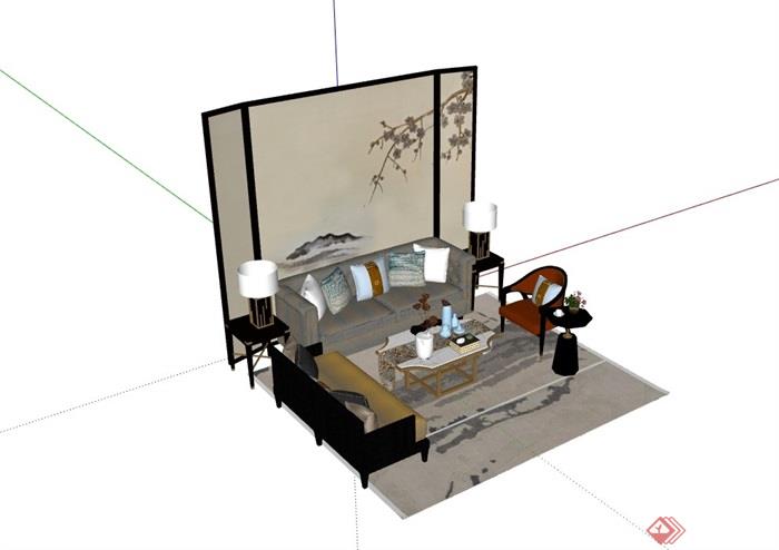 某现代风格整体完整的独特客厅沙发茶几组合su模型