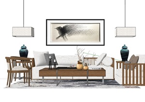 现代整体完整客厅沙发茶几组合SU(草图大师)模型