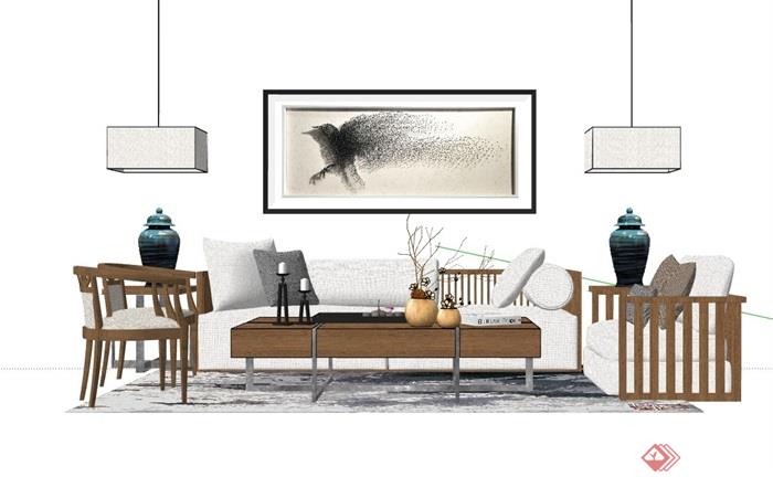 现代整体完整客厅沙发茶几组合su模型