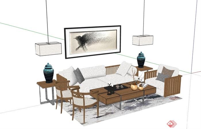 现代整体完整客厅沙发茶几组合su模型