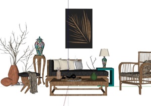 现代整体详细完整的客厅沙发茶几组合SU(草图大师)模型