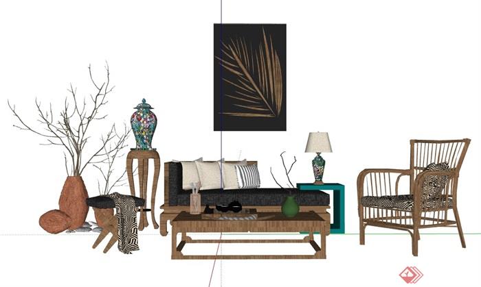 现代整体详细完整的客厅沙发茶几组合su模型
