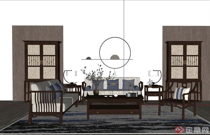 完整的详细独特客厅沙发茶几组合su模型
