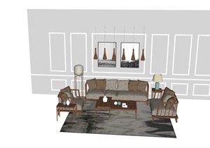 某详细的完整独特客厅沙发茶几组合SU(草图大师)模型