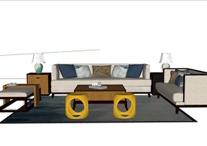 现代完整客厅沙发茶几组合SU(草图大师)模型