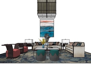 某现代整体详细的客厅沙发茶几组合SU(草图大师)模型