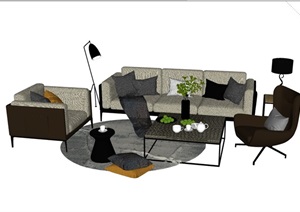 详细的客厅沙发茶几组合SU(草图大师)模型