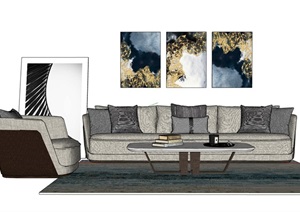 现代整体详细的客厅沙发茶几组合SU(草图大师)模型