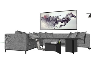 现代整体详细的完整客厅沙发茶几组合SU(草图大师)模型