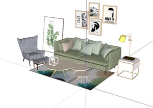 整体详细的完整现代客厅沙发茶几组合SU(草图大师)模型