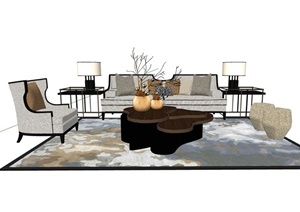现代完整的详细独特客厅沙发茶几组合SU(草图大师)模型