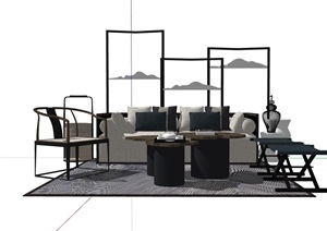 某现代风格完整的客厅沙发茶几组合SU(草图大师)模型
