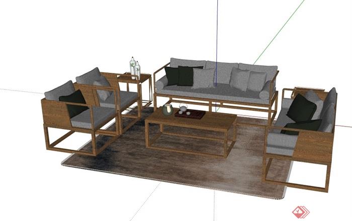 某现代整体完整的客厅沙发茶几组合su模型