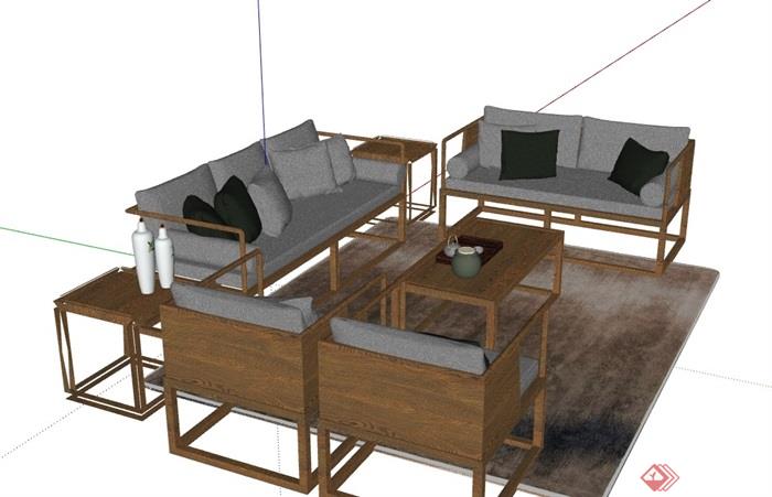 某现代整体完整的客厅沙发茶几组合su模型