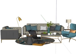 详细的独特客厅沙发茶几组合SU(草图大师)模型