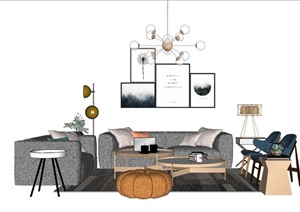 某现代风格完整客厅沙发茶几组合SU(草图大师)模型