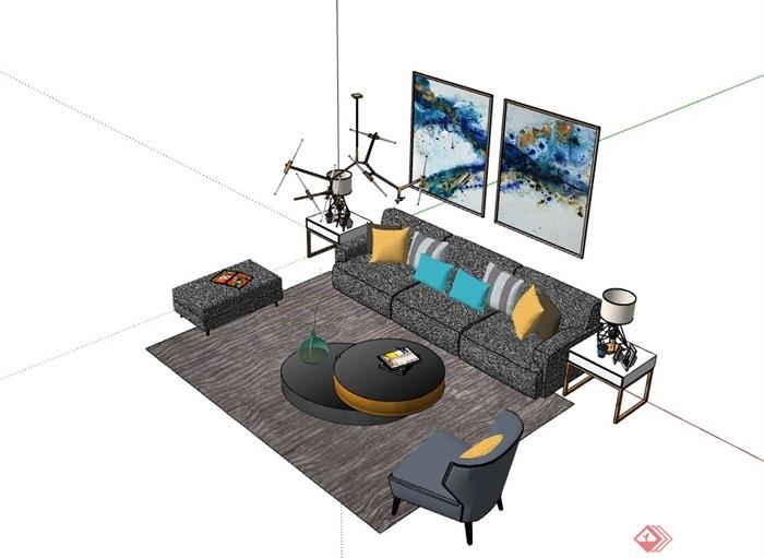 现代整体独特完整的客厅沙发茶几组合su模型