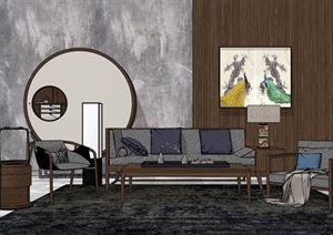 现代整体详细客厅沙发茶几组合SU(草图大师)模型