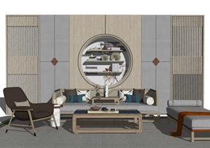 现代整体完整的客厅沙发茶几组合SU(草图大师)模型