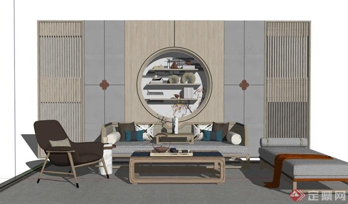 现代整体完整的客厅沙发茶几组合su模型