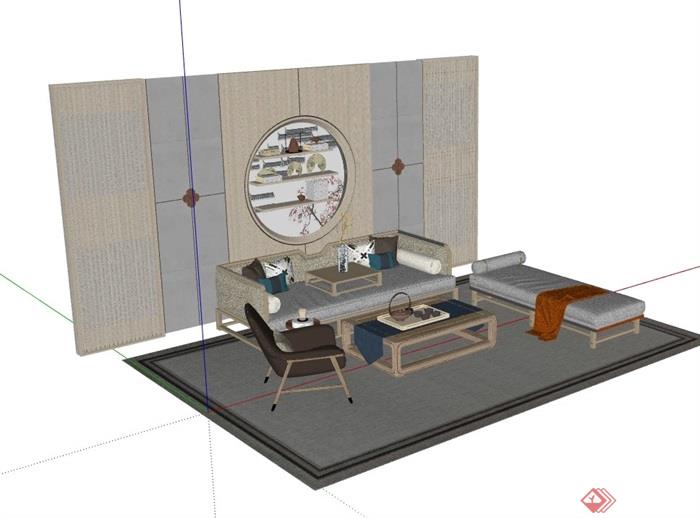 现代整体完整的客厅沙发茶几组合su模型