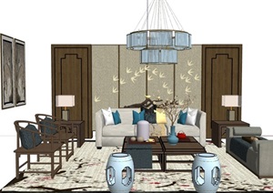 整体详细的完整客厅沙发茶几组合SU(草图大师)模型