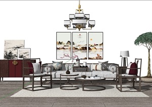 完整的现代独特客厅沙发茶几组合SU(草图大师)模型