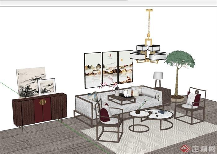 完整的现代独特客厅沙发茶几组合su模型