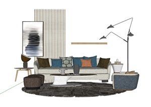 现代整体独特完整客厅沙发茶几组合SU(草图大师)模型