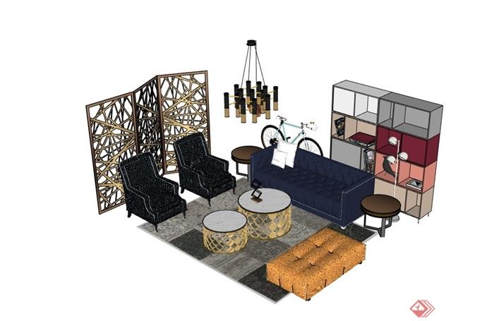 完整的详细独特客厅沙发茶几组合su模型