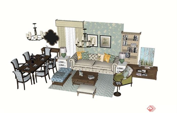 现代整体客厅沙发茶几组合su模型