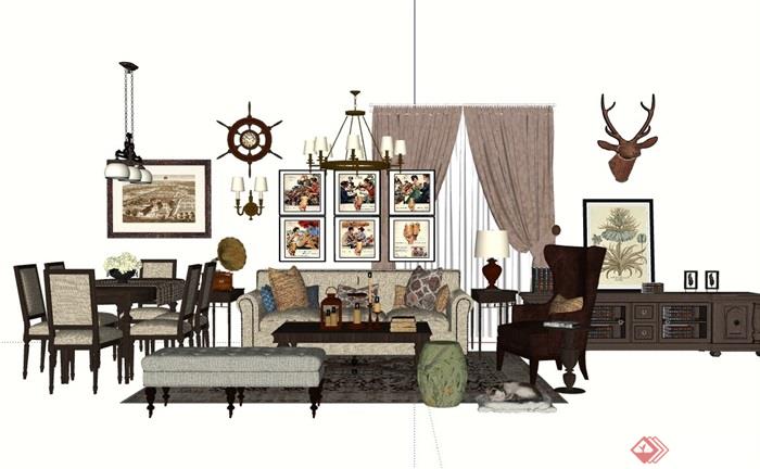 完整的现代独特客厅沙发茶几组合su模型