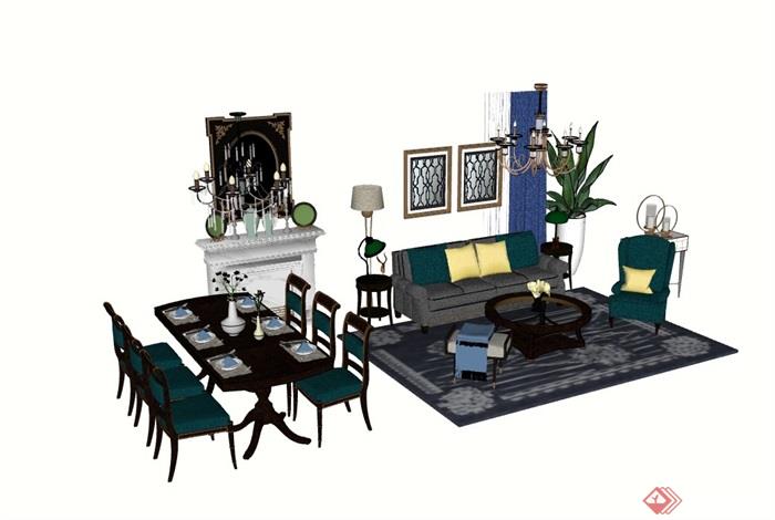 现代整体客厅沙发茶几组合su模型