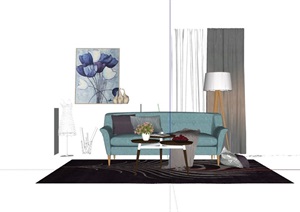 现代整体详细的完整独特客厅沙发茶几组合SU(草图大师)模型