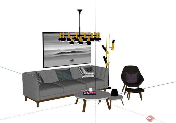 现代简约详细的客厅沙发茶几组合su模型