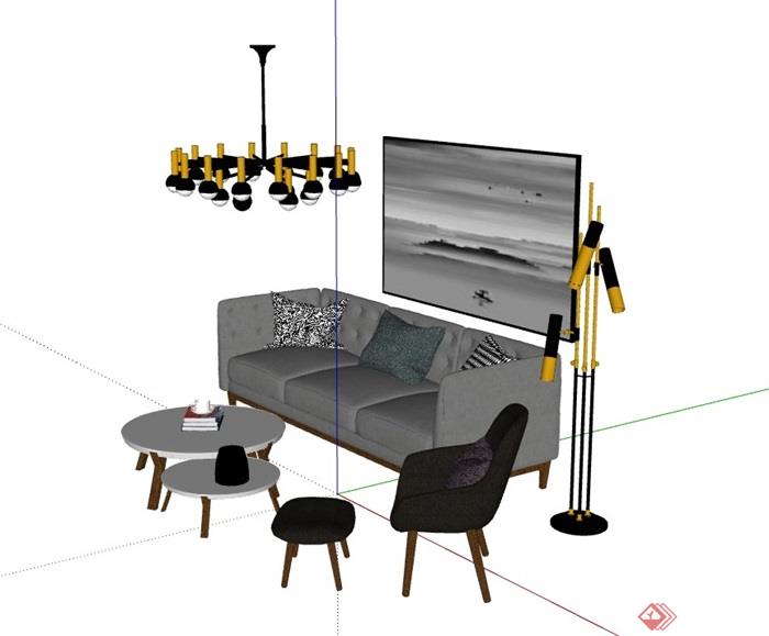 现代简约详细的客厅沙发茶几组合su模型