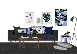 现代风格整体详细的客厅沙发茶几组合SU(草图大师)模型