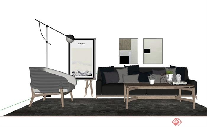 某现代风格完整的详细客厅沙发茶几组合su模型