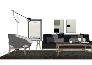 某现代风格完整的详细客厅沙发茶几组合SU(草图大师)模型