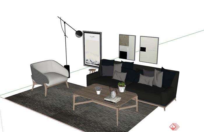 某现代风格完整的详细客厅沙发茶几组合su模型