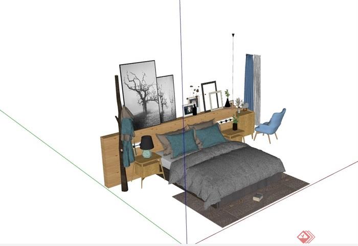详细的整体独特客厅卧室床组合su模型