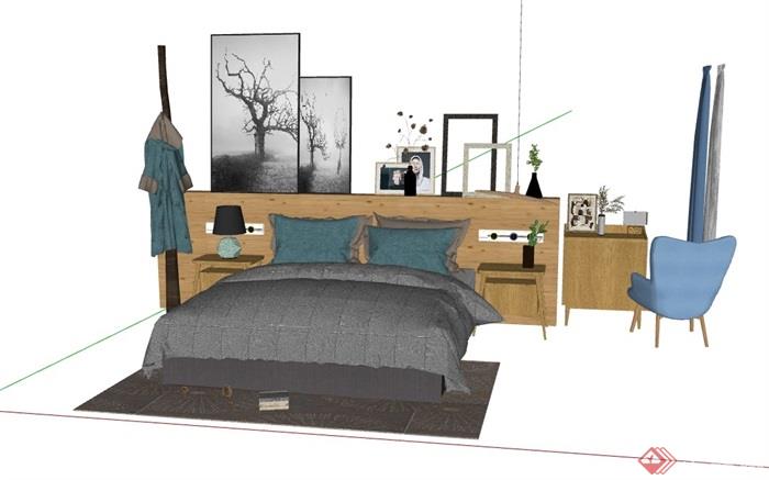 详细的整体独特客厅卧室床组合su模型