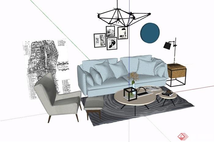 某现代风格完整的客厅沙发茶几组合su模型