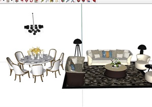 现代完整的客厅沙发茶几SU(草图大师)模型